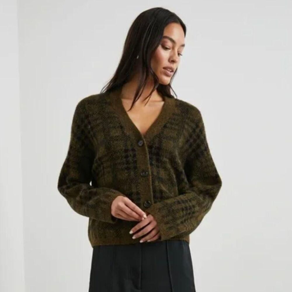 Rails Reese Cardigan Sweater In Green Olive Plaid - Size XS